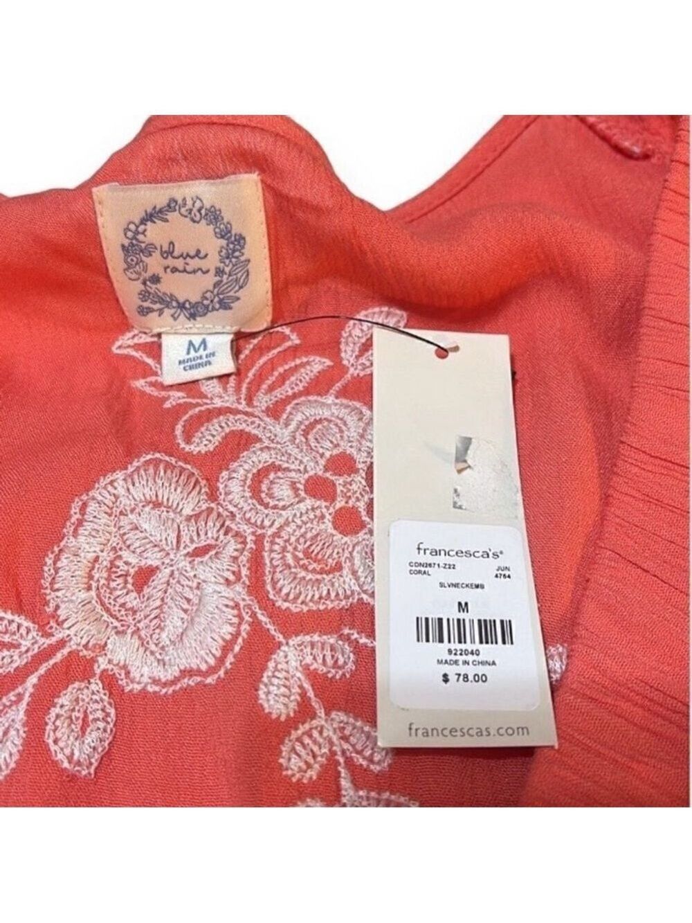 Coral Embroidered Maxi Dress Women's Size Medium V-Neck Elastic Waist Blue Rain - Picture 8 of 9